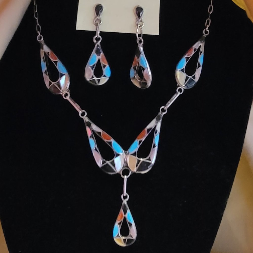 Zuni Multi-Gemstone Inlay Pendant & Earrings - Signed
